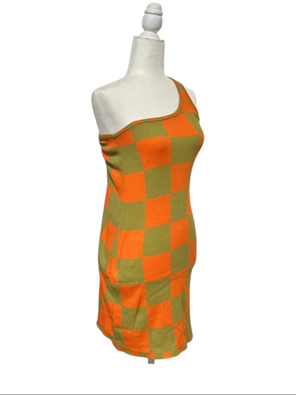 Back Beat Co. - One Shouldered  Checkered Dress - Papaya - Picture 3 of 5